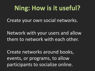 Things to do with your wiki:Work collaboratively and from a distance on projects and documents.Create a resource portal, pathfinder, or other kind of subject guide.Brainstorm, plan, and work together; separate projects into small working groups and watch it all come together on the wiki.