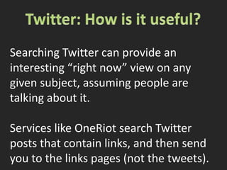 Animoto: How is it useful?Top Ten Reasons to visit UC Libraries:http://animoto.com/play/R8Hu3UXPeuQMlvTw6tArCQOne-click remix.Share to Facebook, YouTube, Twitter …Embed on your website.30-second videos are free; pay for longer videos or better resolution.