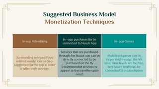 Suggested Business Model
Monetization Techniques
In-app Advertising
In –app purchases (to be
connected to Nusuk App
In- app Games
Surrounding services (Food
related mainly) can be Geo-
tagged within the app in order
to offer their services .
Services that are purchased
through the Nusuk app can be
directly connected to be
purchased on the fly
(recommended services to
appear to the traveller upon
need)
Multi level games can be
incporated through the VR
tour, basic levels are for free,
any future levels can be
connected to a subscription
 