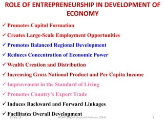 ROLE OF ENTREPRENEURSHIP IN DEVELOPMENT OF
ECONOMY
13-Sep-18 MOHIT SENGER (Assistant Professor, COER) 11
 Promotes Capital Formation
 Creates Large-Scale Employment Opportunities
 Promotes Balanced Regional Development
 Reduces Concentration of Economic Power
 Wealth Creation and Distribution
 Increasing Gross National Product and Per Capita Income
 Improvement in the Standard of Living
 Promotes Country's Export Trade
 Induces Backward and Forward Linkages
 Facilitates Overall Development
 