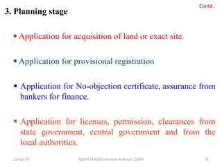 3. Planning stage
 Application for acquisition of land or exact site.
 Application for provisional registration
 Application for No-objection certificate, assurance from
bankers for finance.
 Application for licenses, permission, clearances from
state government, central government and from the
local authorities.
13-Sep-18 MOHIT SENGER (Assistant Professor, COER) 31
Contd.
 