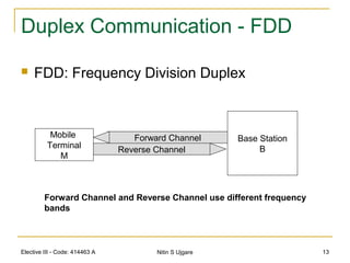 Elective III - Code: 414463 A Nitin S Ujgare 13
Duplex Communication - FDD
 FDD: Frequency Division Duplex
Base Station
B
Mobile
Terminal
M
Forward Channel
Reverse Channel
Forward Channel and Reverse Channel use different frequency
bands
 