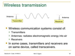 Elective III - Code: 414463 A Nitin S Ujgare 30
Wireless transmission
 Wireless communication systems consist of:
 Transmitters
 Antennas: radiates electromagnetic energy into air
 Receivers
 In some cases, transmitters and receivers are
on same device, called transceivers.
Transmitter Receiver
Antenna
Antenna
 