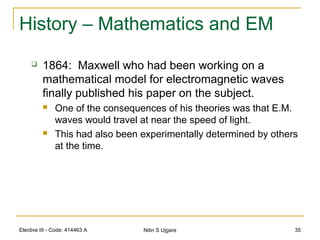 Elective III - Code: 414463 A Nitin S Ujgare 35
History – Mathematics and EM
 1864: Maxwell who had been working on a
mathematical model for electromagnetic waves
finally published his paper on the subject.
 One of the consequences of his theories was that E.M.
waves would travel at near the speed of light.
 This had also been experimentally determined by others
at the time.
 