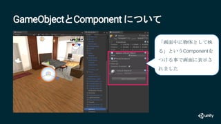 GameObjectとComponent について
「画面中に物体として映
る」というComponentを
つける事で画面に表示さ
れました
 