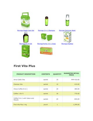 Moringa Health Care Set    Moringa 3 in 1 Shampoo           Moringa Feminine Wash




        Moringa Oil of Life    Moringa Purity 3 in 1 Soap           Moringa Vitalitea




First Vita Plus

                                                                       SUGGESTED RETAIL
    PRODUCT DESCRIPTION              CONTENTS        QUANTITY
                                                                            PRICE


Arroz Caldo Vita                       sachet               10                    PHP 410.00


Champo Vita                            sachet               10                           410.00


Choco Coffee 8-in-1                    sachet               20                           385.00


Coffee 1-for-5                         sachet               30                           770.00


Coffee 9-in-1 with Yakon and
                                       sachet               20                           655.00
Polyols


First Vita Plus 1-kg                   pouch                1                           1,299.00
 