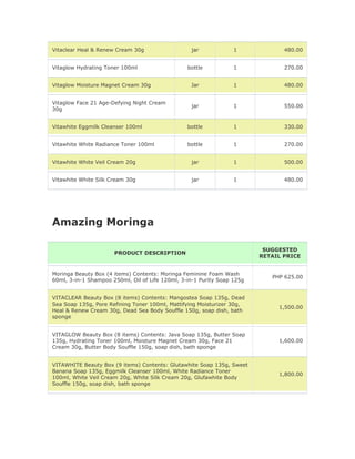 Vitaclear Heal & Renew Cream 30g                  jar             1             480.00


Vitaglow Hydrating Toner 100ml                   bottle           1             270.00


Vitaglow Moisture Magnet Cream 30g                Jar             1             480.00


Vitaglow Face 21 Age-Defying Night Cream
                                                  jar             1             550.00
30g


Vitawhite Eggmilk Cleanser 100ml                 bottle           1             330.00


Vitawhite White Radiance Toner 100ml             bottle           1             270.00


Vitawhite White Veil Cream 20g                    jar             1             500.00


Vitawhite White Silk Cream 30g                    jar             1             480.00




Amazing Moringa

                                                                          SUGGESTED
                      PRODUCT DESCRIPTION
                                                                         RETAIL PRICE


Moringa Beauty Box (4 items) Contents: Moringa Feminine Foam Wash
                                                                            PHP 625.00
60ml, 3-in-1 Shampoo 250ml, Oil of Life 120ml, 3-in-1 Purity Soap 125g


VITACLEAR Beauty Box (8 items) Contents: Mangostea Soap 135g, Dead
Sea Soap 135g, Pore Refining Toner 100ml, Mattifying Moisturizer 30g,
                                                                              1,500.00
Heal & Renew Cream 30g, Dead Sea Body Souffle 150g, soap dish, bath
sponge


VITAGLOW Beauty Box (8 items) Contents: Java Soap 135g, Butter Soap
135g, Hydrating Toner 100ml, Moisture Magnet Cream 30g, Face 21               1,600.00
Cream 30g, Butter Body Souffle 150g, soap dish, bath sponge


VITAWHITE Beauty Box (9 items) Contents: Glutawhite Soap 135g, Sweet
Banana Soap 135g, Eggmilk Cleanser 100ml, White Radiance Toner
                                                                              1,800.00
100ml, White Veil Cream 20g, White Silk Cream 20g, Glufawhite Body
Souffle 150g, soap dish, bath sponge
 