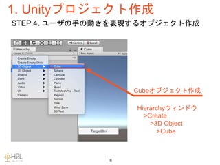 1. Unityプロジェクト作成
16
STEP 4. ユーザの手の動きを表現するオブジェクト作成
Hierarchyウィンドウ
>Create
>3D Object
>Cube
Cubeオブジェクト作成
 