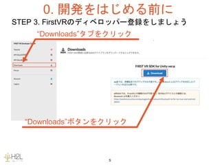 5
STEP 3. FirstVRのディベロッパー登録をしましょう
“Downloads”タブをクリック
“Downloads”ボタンをクリック
0. 開発をはじめる前に
 