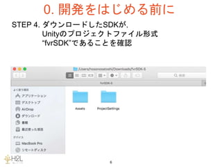 6
STEP 4. ダウンロードしたSDKが，
Unityのプロジェクトファイル形式
“fvrSDK”であることを確認
0. 開発をはじめる前に
 