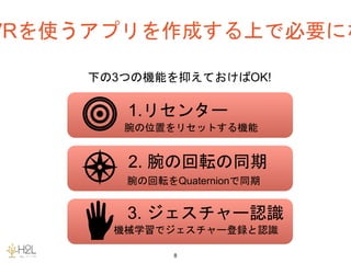8
下の3つの機能を抑えておけばOK!
1.リセンター
2. 腕の回転の同期
3. ジェスチャー認識
腕の位置をリセットする機能
腕の回転をQuaternionで同期
機械学習でジェスチャー登録と認識
VRを使うアプリを作成する上で必要にな
 