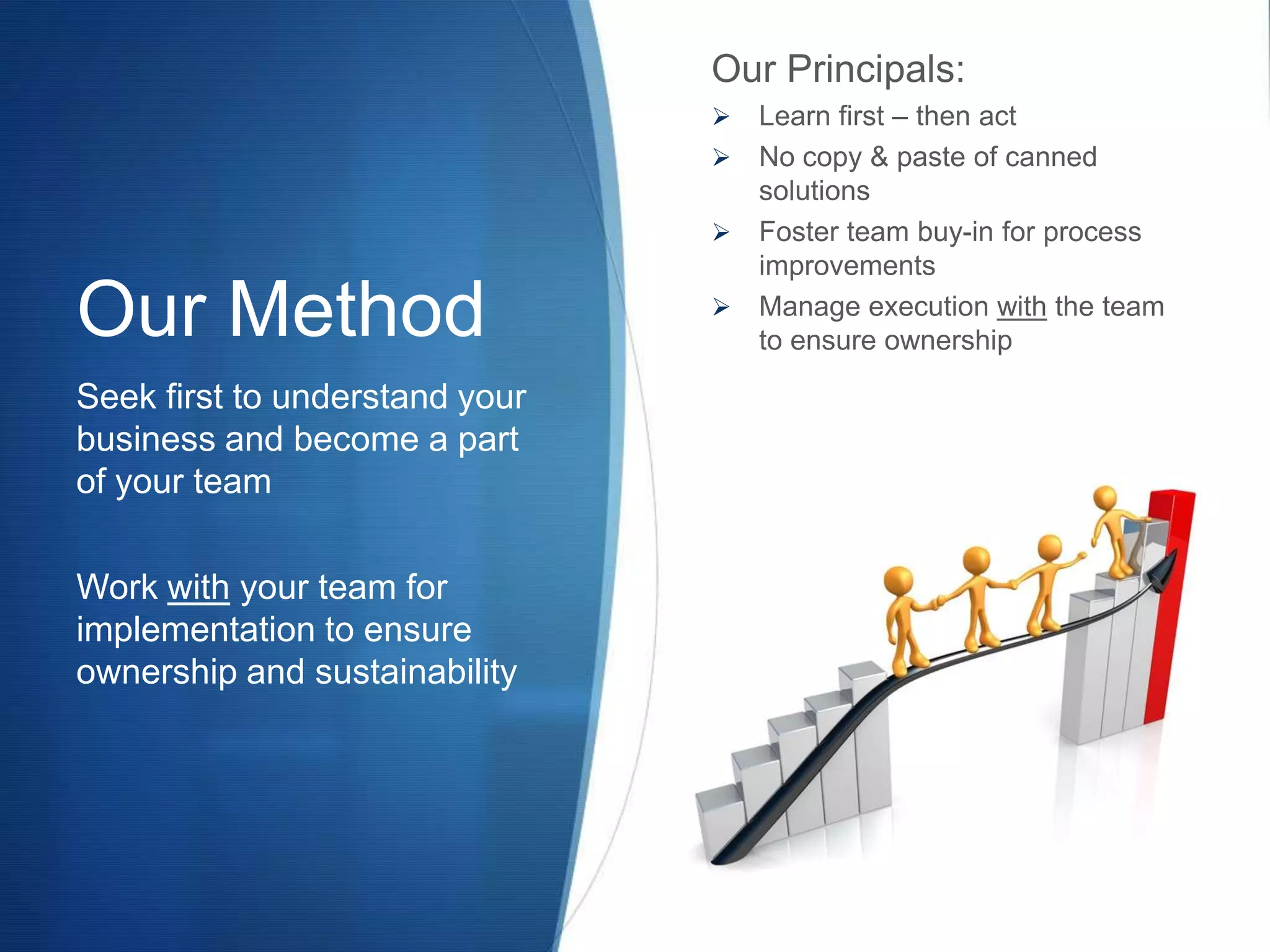 Our Principals:
                                 Learn first – then act
                                 No copy & paste of canned
                                  solutions
                                 Foster team buy-in for process
                                  improvements

Our Method                       Manage execution with the team
                                  to ensure ownership

Seek first to understand your
business and become a part
of your team

Work with your team for
implementation to ensure
ownership and sustainability
 