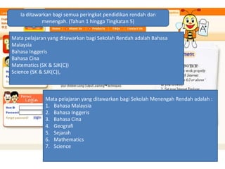 Iaditawarkanbagisemuaperingkatpendidikanrendahdanmenengah. (Tahun 1 hinggaTingkatan 5)Mata pelajaran yang ditawarkanbagiSekolahRendahadalahBahasa MalaysiaBahasaInggerisBahasaCinaMatematics (SK & SJK(C))Science (SK & SJK(C)),Mata pelajaran yang ditawarkanbagiSekolahMenengahRendahadalah :Bahasa MalaysiaBahasaInggerisBahasaCinaGeografiSejarahMathematicsScience