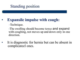 Tactile vocal fremitus: Anteriorly
Place the ulnar borders of each hand
in intercostal spaces on either side
of the sternum at 3 levels
Causes of increased TVF:
Consolidation, Cavitation  Collapse with patent main
bronchus
Causes of decreased TVF:
Pleural effusion, Pneumothorax  Collapse with obstructed
main bronchus
 