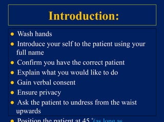 Continued
• An enlarged left lobe may be felt in the epigastrium or even the left hypochondrium.
• In right heart failure, the congested liver is usually soft and tender; a pulsatile liver
indicates tricuspid regurgitation.
• A bruit over the liver may be heard in acute alcoholic hepatitis, hepatocellular cancer
and arteriovenous malformation. The most common reason for an audible bruit over
the liver, however, is a transmitted heart murmur.
 