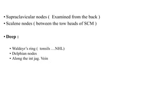 • Supraclavicular nodes ( Examined from the back )
• Scalene nodes ( between the tow heads of SCM )
• Deep :
• Waldeyr’s ring ( tonsils …NHL)
• Delphian nodes
• Along the int jag. Vein
 