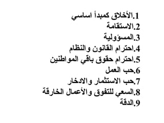1. الأخلاق كمبدأ اساسي 2. الاستقامة 3. المسؤولية 4. احترام القانون والنظام 5. احترام حقوق باقي المواطنين 6. حب العمل 7. حب الاستثمار والادخار 8. السعي للتفوق والأعمال الخارقة 9. الدقة   