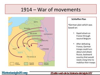1914 – War of movements 
Schlieffen Plan 
•German plan which was 
based on: 
• Rapid attack on 
France through 
neutral Belgium 
• After defeating 
France, German 
troops could turn 
about and attack 
Russia, backward 
country that would 
need a long time to 
mobilize their troops 
 