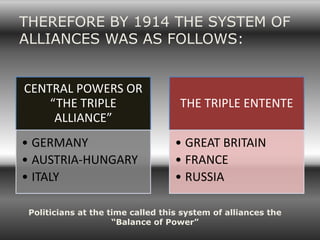 THEREFORE BY 1914 THE SYSTEM OF
ALLIANCES WAS AS FOLLOWS:


CENTRAL POWERS OR
    “THE TRIPLE                     THE TRIPLE ENTENTE
     ALLIANCE”
• GERMANY                          • GREAT BRITAIN
• AUSTRIA-HUNGARY                  • FRANCE
• ITALY                            • RUSSIA

 Politicians at the time called this system of alliances the
                     “Balance of Power”
 