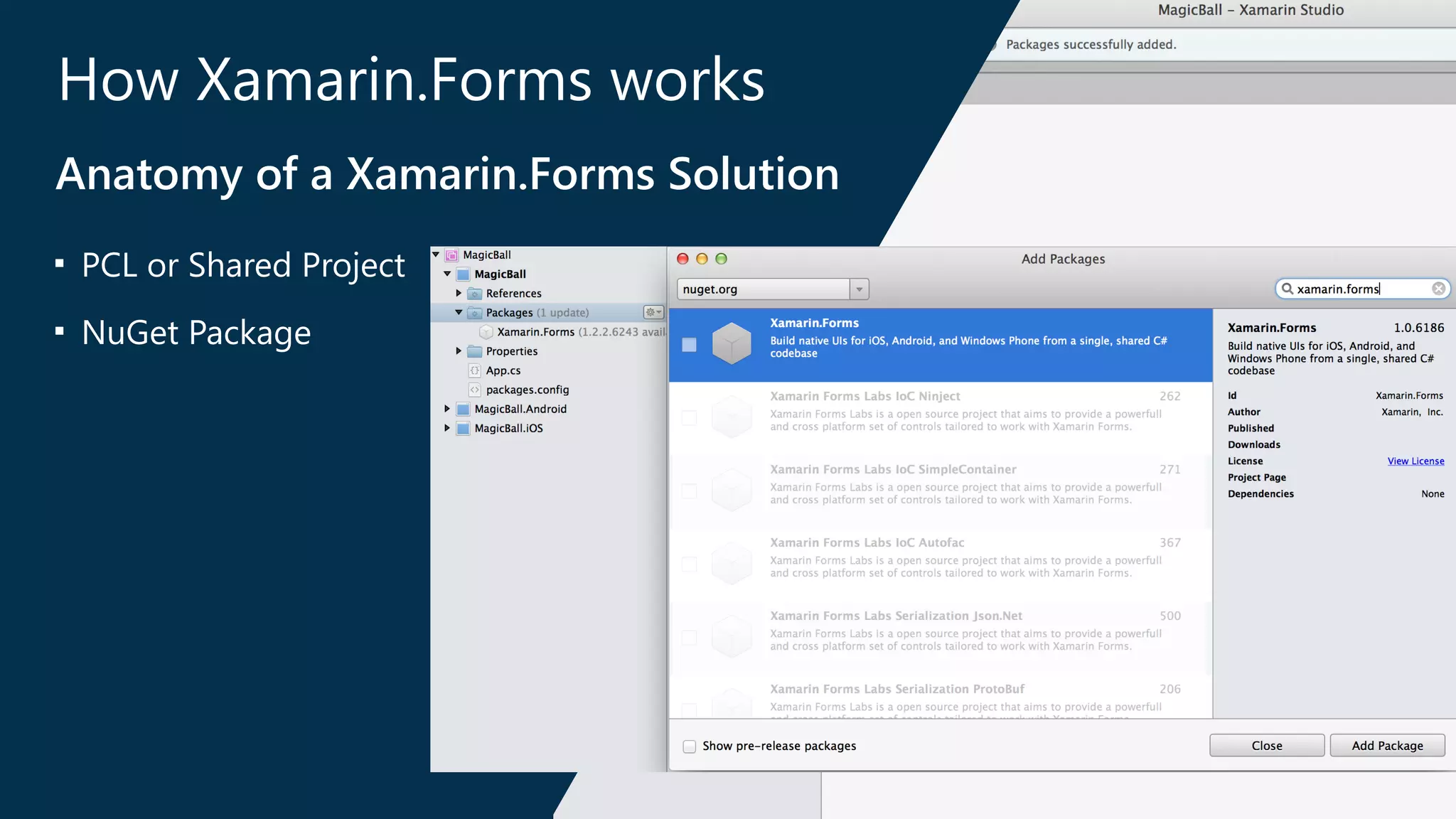How Xamarin.Forms works 
Anatomy of a Xamarin.Forms Solution 
■ PCL or Shared Project 
■ NuGet Package 
 