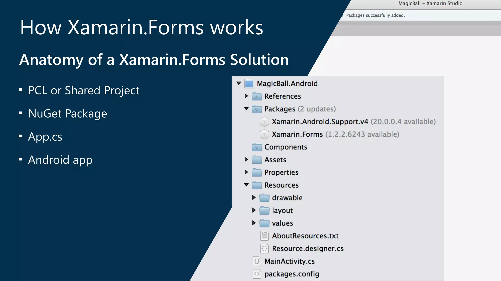 How Xamarin.Forms works 
Anatomy of a Xamarin.Forms Solution 
■ PCL or Shared Project 
■ NuGet Package 
■ App.cs 
■ Android app 
 