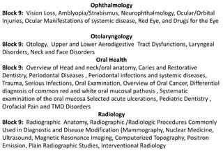 OphthalmologyBlock 9:  Vision Loss, Amblyopia/Strabismus, Neurophthalmology, Ocular/Orbital Injuries, Ocular Manifestations of systemic disease, Red Eye, and Drugs for the EyeOtolaryngologyBlock 9:  Otology,  Upper and Lower Aerodigestive  Tract Dysfunctions, Laryngeal Disorders, Neck and Face DisordersOral HealthBlock 9:  Overview of Head and neck/oral anatomy, Caries and Restorative Dentistry, Periodontal Diseases , Periodontal infections and systemic diseases, Trauma, Serious Infections, Oral Examination, Overview of Oral Cancer, Differential diagnosis of common red and white oral mucosal pathosis , Systematic examination of the oral mucosa Selected acute ulcerations, Pediatric Dentistry , Orofacial Pain and TMD Disorders RadiologyBlock 9:  Radiographic  Anatomy, Radiographic /Radiologic Procedures Commonly Used in Diagnostic and Disease Modification (Mammography, Nuclear Medicine, Ultrasound, Magnetic Resonance Imaging, Computerized Topography, Positron Emission, Plain Radiographic Studies, Interventional Radiology
