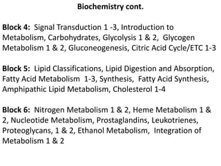 Biochemistry cont.Block 4:  Signal Transduction 1 -3, Introduction to Metabolism, Carbohydrates, Glycolysis 1 & 2,  Glycogen Metabolism 1 & 2, Gluconeogenesis, Citric Acid Cycle/ETC 1-3Block 5:  Lipid Classifications, Lipid Digestion and Absorption,  Fatty Acid Metabolism  1-3, Synthesis,  Fatty Acid Synthesis, Amphipathic Lipid Metabolism, Cholesterol 1-4Block 6:  Nitrogen Metabolism 1 & 2, Heme Metabolism 1 & 2, Nucleotide Metabolism, Prostaglandins, Leukotrienes,  Proteoglycans, 1 & 2, Ethanol Metabolism,  Integration of Metabolism 1 & 2
