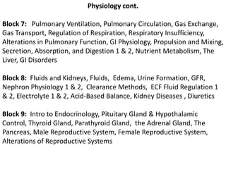 Physiology cont.Block 7:   Pulmonary Ventilation, Pulmonary Circulation, Gas Exchange, Gas Transport, Regulation of Respiration, Respiratory Insufficiency, Alterations in Pulmonary Function, GI Physiology, Propulsion and Mixing, Secretion, Absorption, and Digestion 1 & 2, Nutrient Metabolism, The Liver, GI Disorders Block 8:  Fluids and Kidneys, Fluids,  Edema, Urine Formation, GFR, Nephron Physiology 1 & 2,  Clearance Methods,  ECF Fluid Regulation 1 & 2, Electrolyte 1 & 2, Acid-Based Balance, Kidney Diseases , DiureticsBlock 9:  Intro to Endocrinology, Pituitary Gland & Hypothalamic Control, Thyroid Gland, Parathyroid Gland,  the Adrenal Gland, The Pancreas, Male Reproductive System, Female Reproductive System, Alterations of Reproductive Systems 