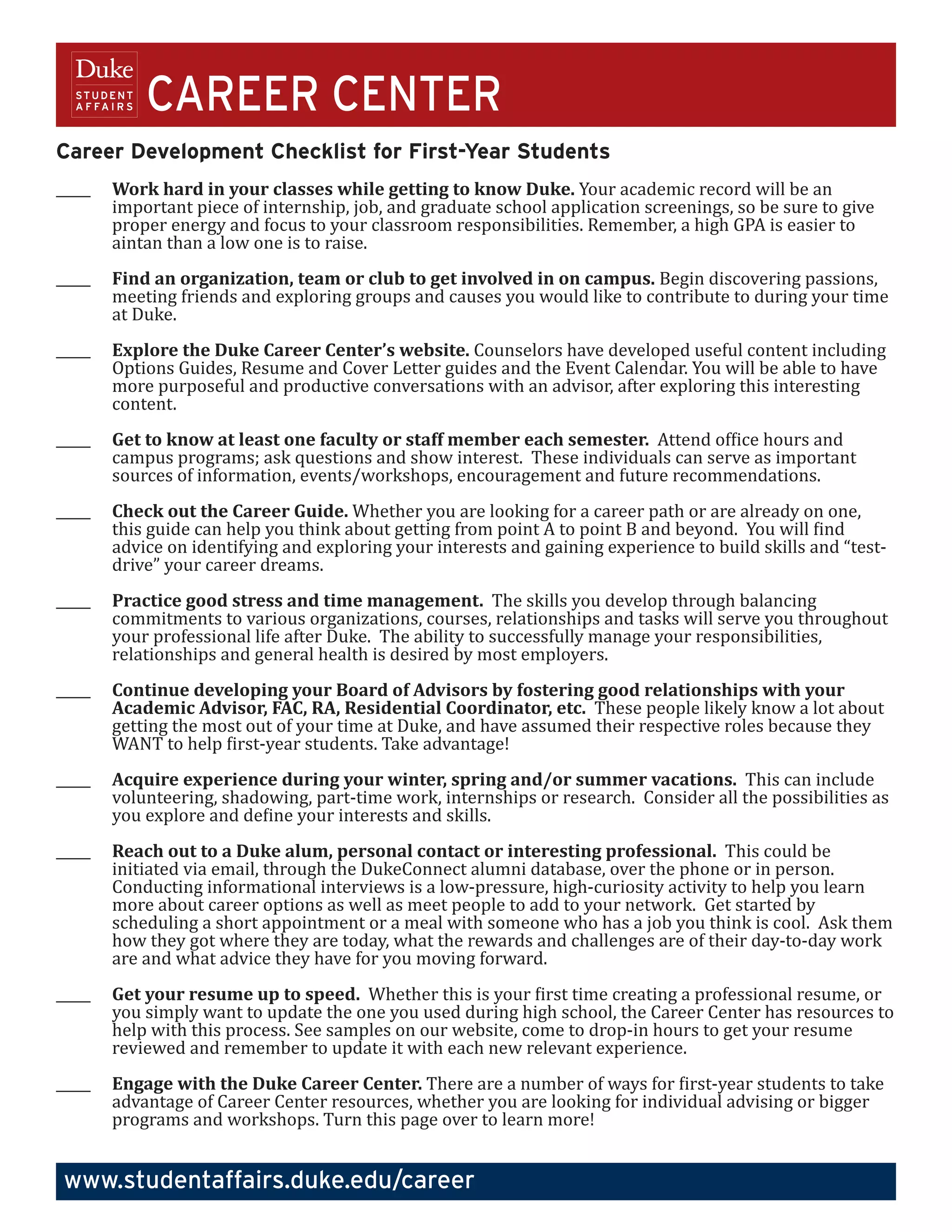 First-Year Career Development Checklist | PDF