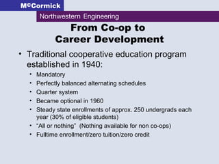 Traditional cooperative education program established in 1940: Mandatory Perfectly balanced alternating schedules Quarter system Became optional in 1960 Steady state enrollments of approx. 250 undergrads each year (30% of eligible students) “All or nothing”  (Nothing available for non co-ops) Fulltime enrollment/zero tuition/zero credit From Co-op to  Career Development 