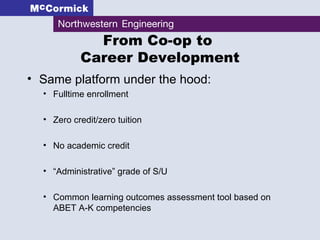 From Co-op to  Career Development Same platform under the hood: Fulltime enrollment Zero credit/zero tuition No academic credit “Administrative” grade of S/U Common learning outcomes assessment tool based on ABET A-K competencies 