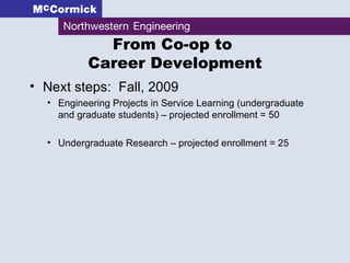 From Co-op to  Career Development Next steps:  Fall, 2009 Engineering Projects in Service Learning (undergraduate and graduate students) – projected enrollment = 50 Undergraduate Research – projected enrollment = 25 