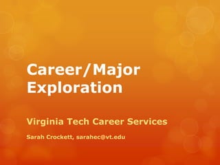 Career/Major
Exploration

Virginia Tech Career Services
Sarah Crockett, sarahec@vt.edu
 