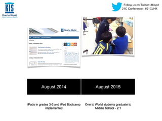 August 2014 August 2015 
iPads in grades 3-5 and iPad Bootcamp 
implemented 
One to World students graduate to 
Middle Sch...