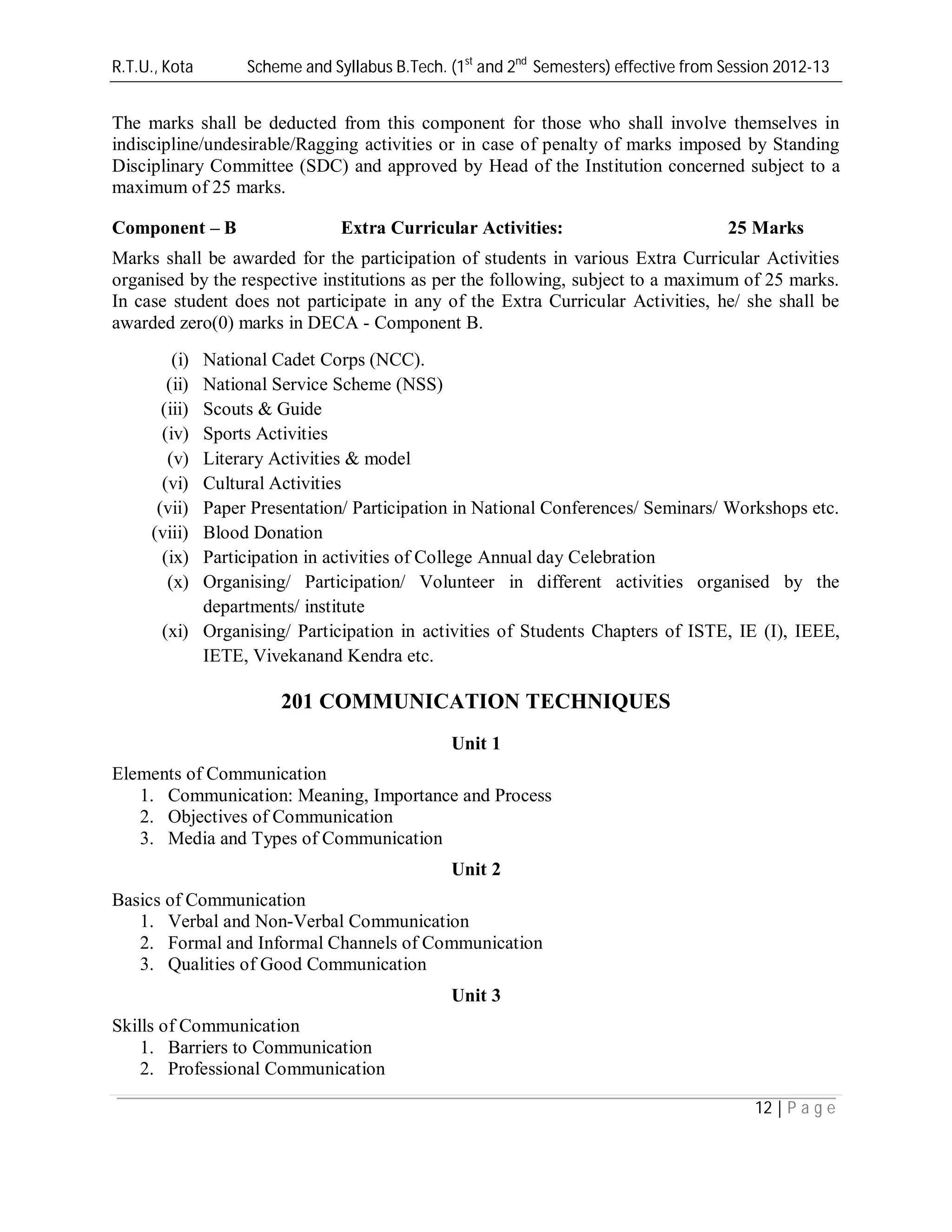 R.T.U., Kota Scheme and Syllabus B.Tech. (1st
and 2nd
Semesters) effective from Session 2012-13
12 | P a g e
The marks shall be deducted from this component for those who shall involve themselves in
indiscipline/undesirable/Ragging activities or in case of penalty of marks imposed by Standing
Disciplinary Committee (SDC) and approved by Head of the Institution concerned subject to a
maximum of 25 marks.
Component – B Extra Curricular Activities: 25 Marks
Marks shall be awarded for the participation of students in various Extra Curricular Activities
organised by the respective institutions as per the following, subject to a maximum of 25 marks.
In case student does not participate in any of the Extra Curricular Activities, he/ she shall be
awarded zero(0) marks in DECA - Component B.
(i) National Cadet Corps (NCC).
(ii) National Service Scheme (NSS)
(iii) Scouts & Guide
(iv) Sports Activities
(v) Literary Activities & model
(vi) Cultural Activities
(vii) Paper Presentation/ Participation in National Conferences/ Seminars/ Workshops etc.
(viii) Blood Donation
(ix) Participation in activities of College Annual day Celebration
(x) Organising/ Participation/ Volunteer in different activities organised by the
departments/ institute
(xi) Organising/ Participation in activities of Students Chapters of ISTE, IE (I), IEEE,
IETE, Vivekanand Kendra etc.
201 COMMUNICATION TECHNIQUES
Unit 1
Elements of Communication
1. Communication: Meaning, Importance and Process
2. Objectives of Communication
3. Media and Types of Communication
Unit 2
Basics of Communication
1. Verbal and Non-Verbal Communication
2. Formal and Informal Channels of Communication
3. Qualities of Good Communication
Unit 3
Skills of Communication
1. Barriers to Communication
2. Professional Communication
 