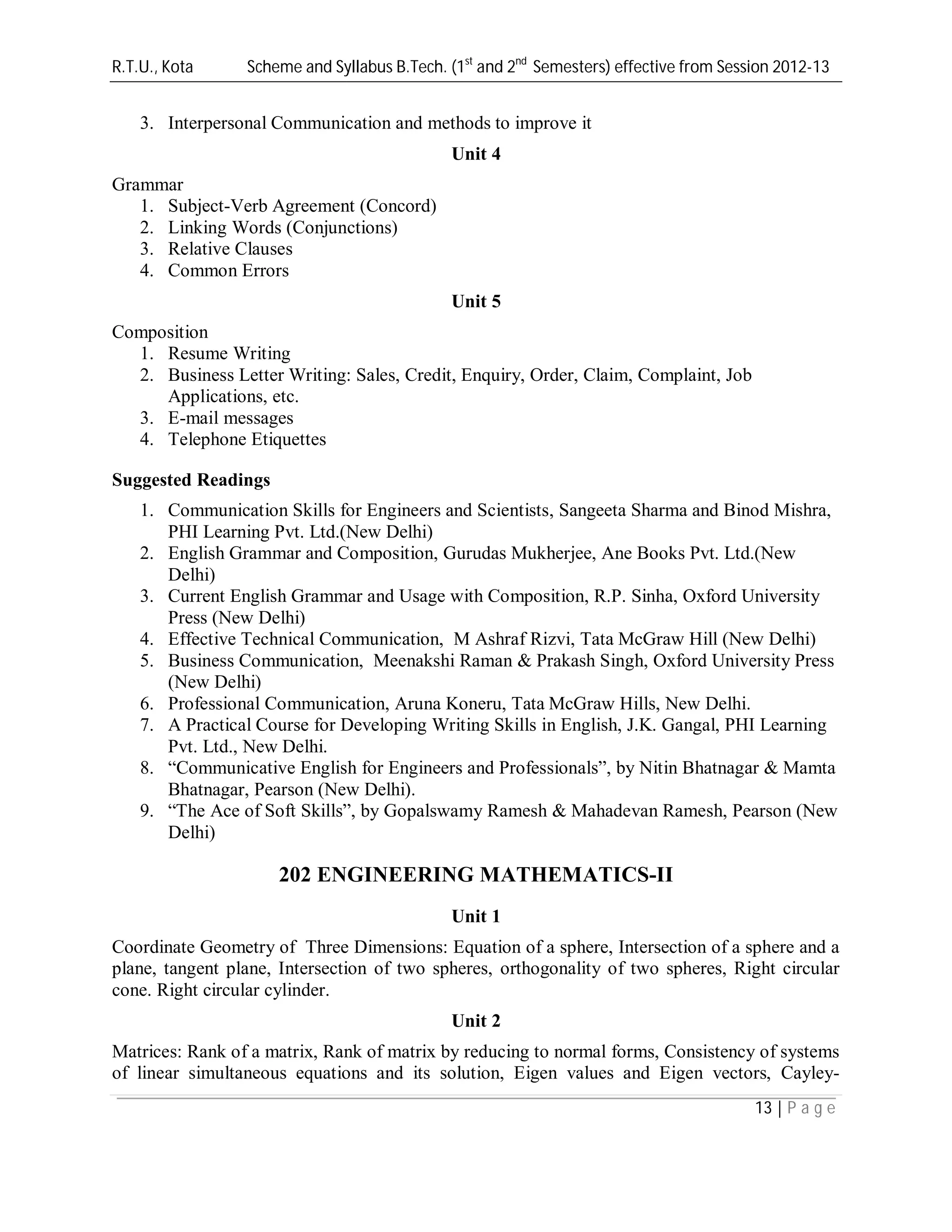 R.T.U., Kota Scheme and Syllabus B.Tech. (1st
and 2nd
Semesters) effective from Session 2012-13
13 | P a g e
3. Interpersonal Communication and methods to improve it
Unit 4
Grammar
1. Subject-Verb Agreement (Concord)
2. Linking Words (Conjunctions)
3. Relative Clauses
4. Common Errors
Unit 5
Composition
1. Resume Writing
2. Business Letter Writing: Sales, Credit, Enquiry, Order, Claim, Complaint, Job
Applications, etc.
3. E-mail messages
4. Telephone Etiquettes
Suggested Readings
1. Communication Skills for Engineers and Scientists, Sangeeta Sharma and Binod Mishra,
PHI Learning Pvt. Ltd.(New Delhi)
2. English Grammar and Composition, Gurudas Mukherjee, Ane Books Pvt. Ltd.(New
Delhi)
3. Current English Grammar and Usage with Composition, R.P. Sinha, Oxford University
Press (New Delhi)
4. Effective Technical Communication, M Ashraf Rizvi, Tata McGraw Hill (New Delhi)
5. Business Communication, Meenakshi Raman & Prakash Singh, Oxford University Press
(New Delhi)
6. Professional Communication, Aruna Koneru, Tata McGraw Hills, New Delhi.
7. A Practical Course for Developing Writing Skills in English, J.K. Gangal, PHI Learning
Pvt. Ltd., New Delhi.
8. “Communicative English for Engineers and Professionals”, by Nitin Bhatnagar & Mamta
Bhatnagar, Pearson (New Delhi).
9. “The Ace of Soft Skills”, by Gopalswamy Ramesh & Mahadevan Ramesh, Pearson (New
Delhi)
202 ENGINEERING MATHEMATICS-II
Unit 1
Coordinate Geometry of Three Dimensions: Equation of a sphere, Intersection of a sphere and a
plane, tangent plane, Intersection of two spheres, orthogonality of two spheres, Right circular
cone. Right circular cylinder.
Unit 2
Matrices: Rank of a matrix, Rank of matrix by reducing to normal forms, Consistency of systems
of linear simultaneous equations and its solution, Eigen values and Eigen vectors, Cayley-
 