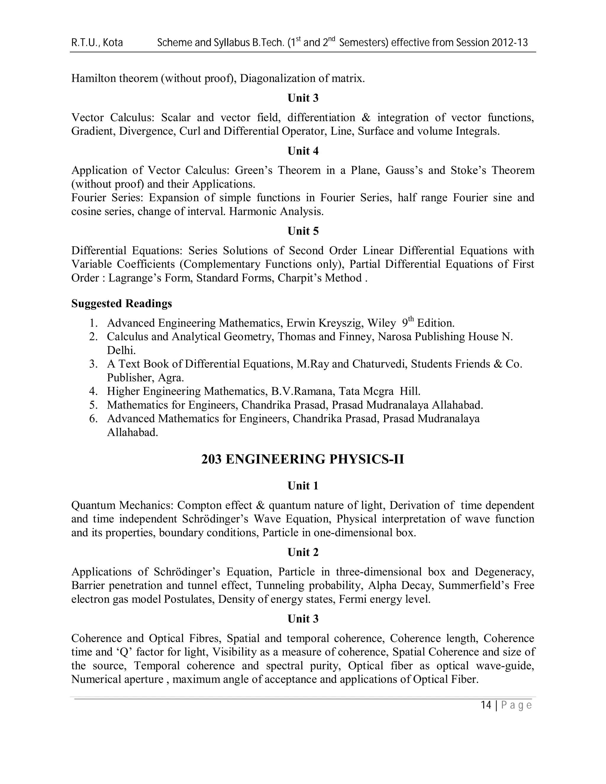 R.T.U., Kota Scheme and Syllabus B.Tech. (1st
and 2nd
Semesters) effective from Session 2012-13
14 | P a g e
Hamilton theorem (without proof), Diagonalization of matrix.
Unit 3
Vector Calculus: Scalar and vector field, differentiation & integration of vector functions,
Gradient, Divergence, Curl and Differential Operator, Line, Surface and volume Integrals.
Unit 4
Application of Vector Calculus: Green’s Theorem in a Plane, Gauss’s and Stoke’s Theorem
(without proof) and their Applications.
Fourier Series: Expansion of simple functions in Fourier Series, half range Fourier sine and
cosine series, change of interval. Harmonic Analysis.
Unit 5
Differential Equations: Series Solutions of Second Order Linear Differential Equations with
Variable Coefficients (Complementary Functions only), Partial Differential Equations of First
Order : Lagrange’s Form, Standard Forms, Charpit’s Method .
Suggested Readings
1. Advanced Engineering Mathematics, Erwin Kreyszig, Wiley 9th
Edition.
2. Calculus and Analytical Geometry, Thomas and Finney, Narosa Publishing House N.
Delhi.
3. A Text Book of Differential Equations, M.Ray and Chaturvedi, Students Friends & Co.
Publisher, Agra.
4. Higher Engineering Mathematics, B.V.Ramana, Tata Mcgra Hill.
5. Mathematics for Engineers, Chandrika Prasad, Prasad Mudranalaya Allahabad.
6. Advanced Mathematics for Engineers, Chandrika Prasad, Prasad Mudranalaya
Allahabad.
203 ENGINEERING PHYSICS-II
Unit 1
Quantum Mechanics: Compton effect & quantum nature of light, Derivation of time dependent
and time independent Schrödinger’s Wave Equation, Physical interpretation of wave function
and its properties, boundary conditions, Particle in one-dimensional box.
Unit 2
Applications of Schrödinger’s Equation, Particle in three-dimensional box and Degeneracy,
Barrier penetration and tunnel effect, Tunneling probability, Alpha Decay, Summerfield’s Free
electron gas model Postulates, Density of energy states, Fermi energy level.
Unit 3
Coherence and Optical Fibres, Spatial and temporal coherence, Coherence length, Coherence
time and ‘Q’ factor for light, Visibility as a measure of coherence, Spatial Coherence and size of
the source, Temporal coherence and spectral purity, Optical fiber as optical wave-guide,
Numerical aperture , maximum angle of acceptance and applications of Optical Fiber.
 