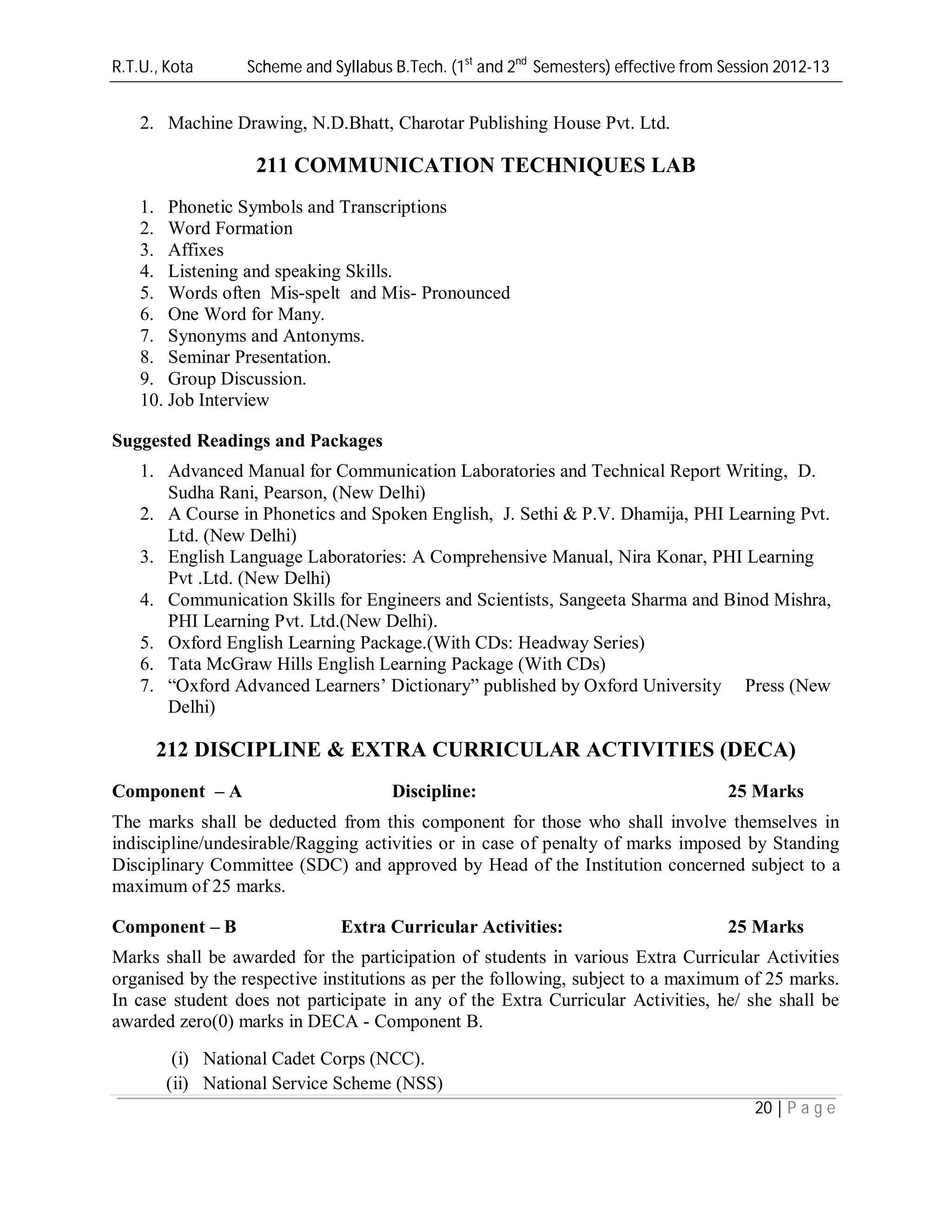 R.T.U., Kota Scheme and Syllabus B.Tech. (1st
and 2nd
Semesters) effective from Session 2012-13
20 | P a g e
2. Machine Drawing, N.D.Bhatt, Charotar Publishing House Pvt. Ltd.
211 COMMUNICATION TECHNIQUES LAB
1. Phonetic Symbols and Transcriptions
2. Word Formation
3. Affixes
4. Listening and speaking Skills.
5. Words often Mis-spelt and Mis- Pronounced
6. One Word for Many.
7. Synonyms and Antonyms.
8. Seminar Presentation.
9. Group Discussion.
10. Job Interview
Suggested Readings and Packages
1. Advanced Manual for Communication Laboratories and Technical Report Writing, D.
Sudha Rani, Pearson, (New Delhi)
2. A Course in Phonetics and Spoken English, J. Sethi & P.V. Dhamija, PHI Learning Pvt.
Ltd. (New Delhi)
3. English Language Laboratories: A Comprehensive Manual, Nira Konar, PHI Learning
Pvt .Ltd. (New Delhi)
4. Communication Skills for Engineers and Scientists, Sangeeta Sharma and Binod Mishra,
PHI Learning Pvt. Ltd.(New Delhi).
5. Oxford English Learning Package.(With CDs: Headway Series)
6. Tata McGraw Hills English Learning Package (With CDs)
7. “Oxford Advanced Learners’ Dictionary” published by Oxford University Press (New
Delhi)
212 DISCIPLINE & EXTRA CURRICULAR ACTIVITIES (DECA)
Component – A Discipline: 25 Marks
The marks shall be deducted from this component for those who shall involve themselves in
indiscipline/undesirable/Ragging activities or in case of penalty of marks imposed by Standing
Disciplinary Committee (SDC) and approved by Head of the Institution concerned subject to a
maximum of 25 marks.
Component – B Extra Curricular Activities: 25 Marks
Marks shall be awarded for the participation of students in various Extra Curricular Activities
organised by the respective institutions as per the following, subject to a maximum of 25 marks.
In case student does not participate in any of the Extra Curricular Activities, he/ she shall be
awarded zero(0) marks in DECA - Component B.
(i) National Cadet Corps (NCC).
(ii) National Service Scheme (NSS)
 