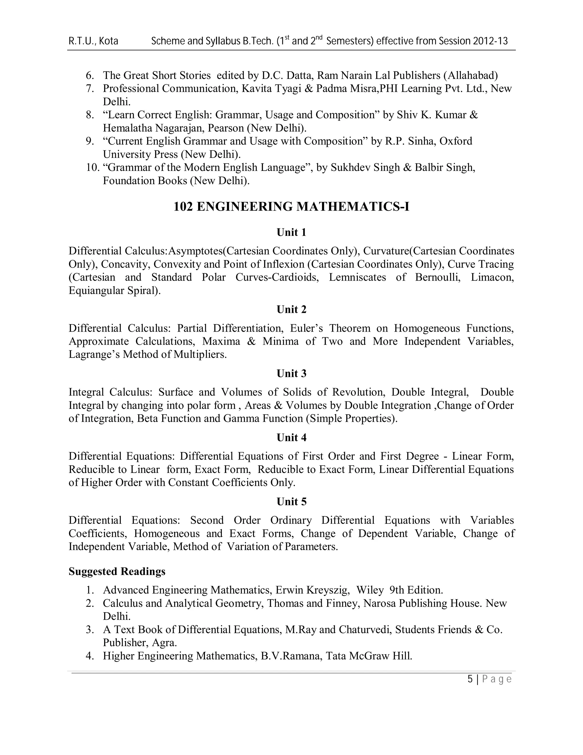 R.T.U., Kota Scheme and Syllabus B.Tech. (1st
and 2nd
Semesters) effective from Session 2012-13
5 | P a g e
6. The Great Short Stories edited by D.C. Datta, Ram Narain Lal Publishers (Allahabad)
7. Professional Communication, Kavita Tyagi & Padma Misra,PHI Learning Pvt. Ltd., New
Delhi.
8. “Learn Correct English: Grammar, Usage and Composition” by Shiv K. Kumar &
Hemalatha Nagarajan, Pearson (New Delhi).
9. “Current English Grammar and Usage with Composition” by R.P. Sinha, Oxford
University Press (New Delhi).
10. “Grammar of the Modern English Language”, by Sukhdev Singh & Balbir Singh,
Foundation Books (New Delhi).
102 ENGINEERING MATHEMATICS-I
Unit 1
Differential Calculus:Asymptotes(Cartesian Coordinates Only), Curvature(Cartesian Coordinates
Only), Concavity, Convexity and Point of Inflexion (Cartesian Coordinates Only), Curve Tracing
(Cartesian and Standard Polar Curves-Cardioids, Lemniscates of Bernoulli, Limacon,
Equiangular Spiral).
Unit 2
Differential Calculus: Partial Differentiation, Euler’s Theorem on Homogeneous Functions,
Approximate Calculations, Maxima & Minima of Two and More Independent Variables,
Lagrange’s Method of Multipliers.
Unit 3
Integral Calculus: Surface and Volumes of Solids of Revolution, Double Integral, Double
Integral by changing into polar form , Areas & Volumes by Double Integration ,Change of Order
of Integration, Beta Function and Gamma Function (Simple Properties).
Unit 4
Differential Equations: Differential Equations of First Order and First Degree - Linear Form,
Reducible to Linear form, Exact Form, Reducible to Exact Form, Linear Differential Equations
of Higher Order with Constant Coefficients Only.
Unit 5
Differential Equations: Second Order Ordinary Differential Equations with Variables
Coefficients, Homogeneous and Exact Forms, Change of Dependent Variable, Change of
Independent Variable, Method of Variation of Parameters.
Suggested Readings
1. Advanced Engineering Mathematics, Erwin Kreyszig, Wiley 9th Edition.
2. Calculus and Analytical Geometry, Thomas and Finney, Narosa Publishing House. New
Delhi.
3. A Text Book of Differential Equations, M.Ray and Chaturvedi, Students Friends & Co.
Publisher, Agra.
4. Higher Engineering Mathematics, B.V.Ramana, Tata McGraw Hill.
 