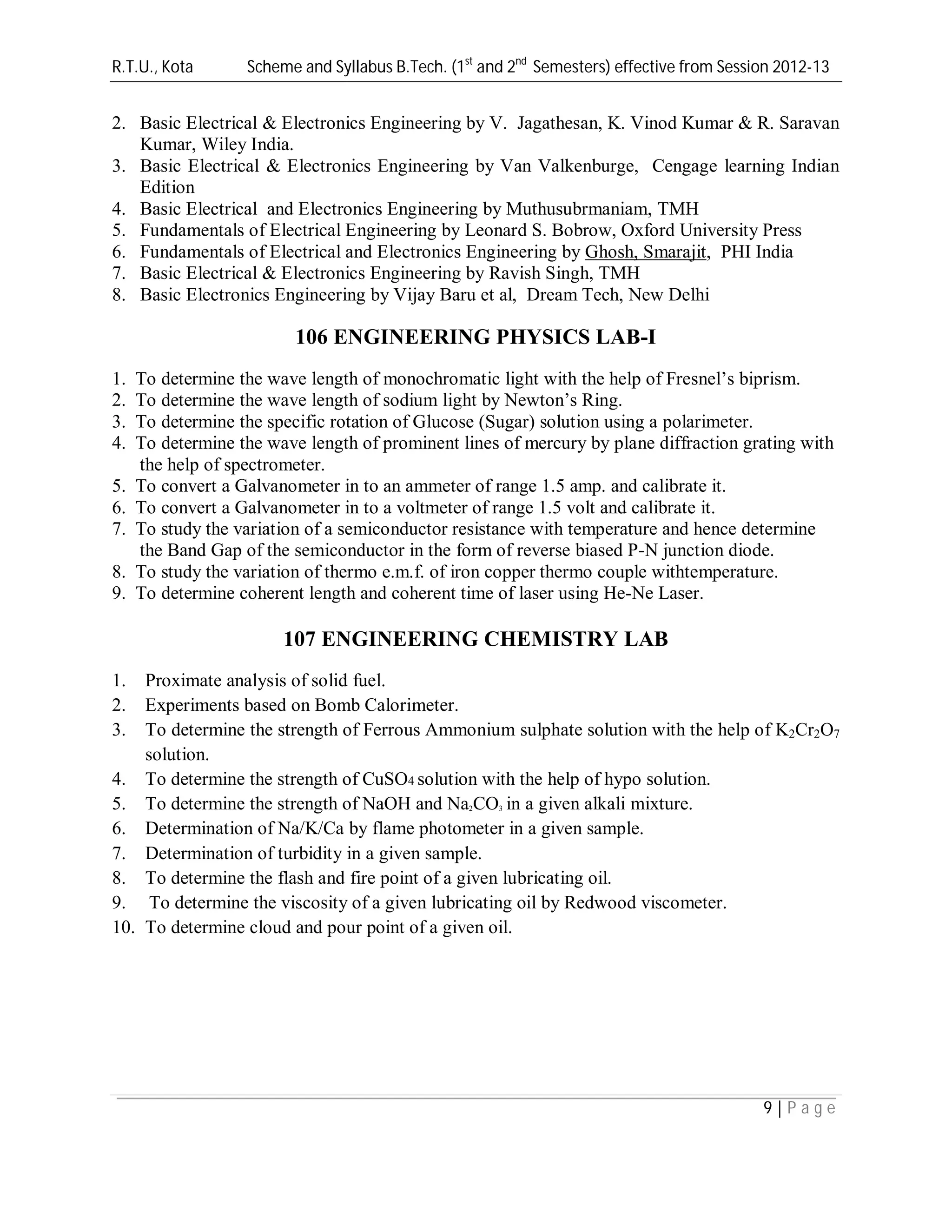 R.T.U., Kota Scheme and Syllabus B.Tech. (1st
and 2nd
Semesters) effective from Session 2012-13
9 | P a g e
2. Basic Electrical & Electronics Engineering by V. Jagathesan, K. Vinod Kumar & R. Saravan
Kumar, Wiley India.
3. Basic Electrical & Electronics Engineering by Van Valkenburge, Cengage learning Indian
Edition
4. Basic Electrical and Electronics Engineering by Muthusubrmaniam, TMH
5. Fundamentals of Electrical Engineering by Leonard S. Bobrow, Oxford University Press
6. Fundamentals of Electrical and Electronics Engineering by Ghosh, Smarajit, PHI India
7. Basic Electrical & Electronics Engineering by Ravish Singh, TMH
8. Basic Electronics Engineering by Vijay Baru et al, Dream Tech, New Delhi
106 ENGINEERING PHYSICS LAB-I
1. To determine the wave length of monochromatic light with the help of Fresnel’s biprism.
2. To determine the wave length of sodium light by Newton’s Ring.
3. To determine the specific rotation of Glucose (Sugar) solution using a polarimeter.
4. To determine the wave length of prominent lines of mercury by plane diffraction grating with
the help of spectrometer.
5. To convert a Galvanometer in to an ammeter of range 1.5 amp. and calibrate it.
6. To convert a Galvanometer in to a voltmeter of range 1.5 volt and calibrate it.
7. To study the variation of a semiconductor resistance with temperature and hence determine
the Band Gap of the semiconductor in the form of reverse biased P-N junction diode.
8. To study the variation of thermo e.m.f. of iron copper thermo couple withtemperature.
9. To determine coherent length and coherent time of laser using He-Ne Laser.
107 ENGINEERING CHEMISTRY LAB
1. Proximate analysis of solid fuel.
2. Experiments based on Bomb Calorimeter.
3. To determine the strength of Ferrous Ammonium sulphate solution with the help of K2Cr2O7
solution.
4. To determine the strength of CuSO4 solution with the help of hypo solution.
5. To determine the strength of NaOH and Na2CO3 in a given alkali mixture.
6. Determination of Na/K/Ca by flame photometer in a given sample.
7. Determination of turbidity in a given sample.
8. To determine the flash and fire point of a given lubricating oil.
9. To determine the viscosity of a given lubricating oil by Redwood viscometer.
10. To determine cloud and pour point of a given oil.
 