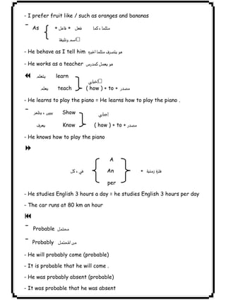 ٢٠ICDL- I prefer fruit like / such as oranges and bananas 
¯As + +  
 
- He behave as I tell him  
- He works as a teacher  
7  learn 
 
 teach ( how ) + to +  
- He learns to play the piano = He learns how to play the piano . 
¯   Show 
 
 Know ( how ) + to +  
- He knows how to play the piano 
8 
A 
 An +  
per 
- He studies English 3 hours a day = he studies English 3 hours per day 
- The car runs at 80 km an hour 
9 
¯ Probable  
¯Probably  
- He will probably come (probable) 
- It is probable that he will come . 
- He was probably absent (probable) 
- It was probable that he was absent 
 