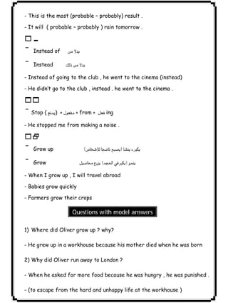 ٢١ICDL- This is the most (probable – probably) result . 
- It will ( probable – probably ) rain tomorrow . 
10 
¯ Instead of  
¯ Instead  
- Instead of going to the club , he went to the cinema (instead) 
- He didn’t go to the club , instead . he went to the cinema . 
11 
¯Stop ( )  from   ing 
- He stopped me from making a noise . 
12 
¯ Grow up  
¯ Grow  
- When I grow up , I will travel abroad 
- Babies grow quickly 
- Farmers grow their crops 
Questions with model answers 
1) Where did Oliver grow up ? why? 
- He grew up in a workhouse because his mother died when he was born 
2) Why did Oliver run away to London ? 
- When he asked for more food because he was hungry , he was punished . 
- (to escape from the hard and unhappy life at the workhouse ) 
 