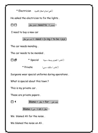 ٩٥* Electrician  
He asked the electrician to fix the lights . 
11  need to +  
I need to buy a new car 
 + need + (v-ing / to be + p.p ) 
The car needs mending . 
The car needs to be mended . 
12  * Special  
* Private  
Surgeons wear special uniforms during operations . 
What is special about this town ? 
This is my private car . 
These are private papers . 
13 Blame +  + for  
Blame +  + on +  
We blamed Ali for the noise . 
We blamed the noise on Ali . 
 