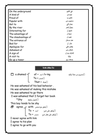 On the underground 
A kind of 
Proud of 
Popular with 
Get to 
By the river 
Interesting for 
The advantage of 
The disadvantage of 
The entrance of 
Bad for 
Apologize for 
Ashamed of 
A sign of 
A visit to 
Go up a tower 
١٣٢ICDL 
 
 
 
 
 
 
 
 
 
 
 
 
 
 
 
1 a shamed of +  /v-ing  
To +  
That +  
He was ashamed of his bad behavior . 
He was ashamed of making this mistake 
He was ashamed to go there 
I was ashamed that I forget her book 
*Shy  
This boy tends to be shy 
2 agree with  
To +   
To +   
I never agree with him 
I agree to his plan 
I agree to go with you 
 
 