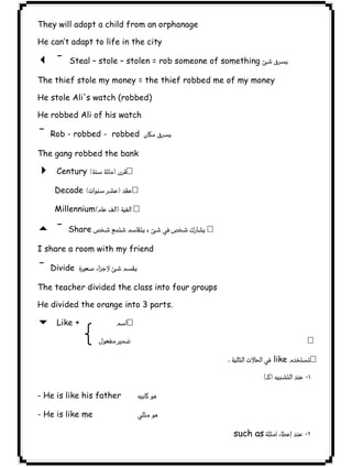 They will adopt a child from an orphanage 
١٩ICDLHe can’t adapt to life in the city 
3 ¯ Steal – stole – stolen = rob someone of something  
The thief stole my money = the thief robbed me of my money 
He stole Ali's watch (robbed) 
He robbed Ali of his watch 
¯ Rob - robbed - robbed  
The gang robbed the bank 
4 Century  
Decade  
Millennium 
5 ¯Share 
I share a room with my friend 
¯Divide  
The teacher divided the class into four groups 
He divided the orange into 3 parts. 
6 Like +  
  
 like  
 
- He is like his father  
- He is like me  
such as 
 