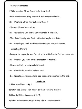 ٢٣ICDL- They were arrested . 
11)Who adopted Oliver ? where did they live ? 
- Mr Brown Low and they lived with Mrs Maylie and Rose . 
12) What did Oliver find out about Rose ? 
- She was his mother's sister . 
13) How Brown Low and Oliver rewarded in the end ? 
- They lived happily as a family with Mrs Maylie and Rose . 
14) Why do you think Mr Brown Low stopped the police from 
arresting Oliver ? 
- Because he taught he was forced to be a thief so he felt sorry for him . 
15) What do you think of the character of Monks ? 
- He was selfish , greedy and dishonest . 
16) What is the moral of Oliver Twist 
- Good people are rewarded and bad people are punished in the end . 
 
1) How was Oliver lucky ? 
2) What was Monks' plan to get all their father's money ? 
3) How did Oliver become a thief ? 
4) What did Oliver do to get rid of life in the workhouse ? 
 