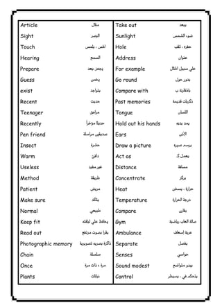 Article 
Sight 
Touch 
Hearing 
Prepare 
Guess 
exist 
Recent 
Teenager 
Recently 
Pen friend 
Insect 
Warm 
Useless 
Method 
Patient 
Make sure 
Normal 
Keep fit 
Read out 
Photographic memory 
Chain 
Once 
Plants 
٣٤ICDL 
 
 
 
 
 
 
 
 
 
 
 
 
 
 
 
 
 
 
 
 
 
 
 
Take out 
Sunlight 
Hole 
Address 
For example 
Go round 
Compare with 
Past memories 
Tongue 
Hold out his hands 
Ears 
Draw a picture 
Act as 
Distance 
Concentrate 
Heat 
Temperature 
Compare 
Gym 
Ambulance 
Separate 
Senses 
Sound modest 
Control 
 
 
 
 
 
 
 
 
 
 
 
 
 
 
 
 
 
 
 
 
 
 
 

 