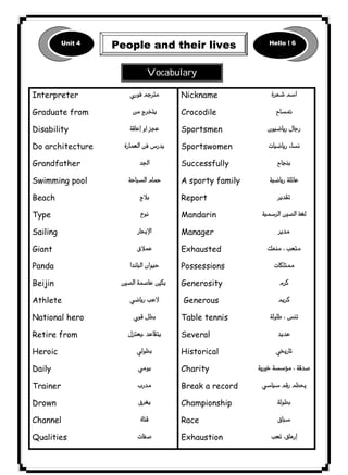 Unit 4 People and their lives Hello ! 6 
٥٠ICDL1 
Interpreter 
Graduate from 
Disability 
Do architecture 
Grandfather 
Swimming pool 
Beach 
Type 
Sailing 
Giant 
Panda 
Beijin 
Athlete 
National hero 
Retire from 
Heroic 
Daily 
Trainer 
Drown 
Channel 
Qualities 
 
 
 
 
 
 
 
 
 
 
 
 
 
 
 
 
 
 
 
 
 
Nickname 
Crocodile 
Sportsmen 
Sportswomen 
Successfully 
A sporty family 
Report 
Mandarin 
Manager 
Exhausted 
Possessions 
Generosity 
Generous 
Table tennis 
Several 
Historical 
Charity 
Break a record 
Championship 
Race 
Exhaustion 
 
 
 
 
 
 
 
 
 
 
 
 
 
 
 
 
 
 
 

 
Vocabulary 
 