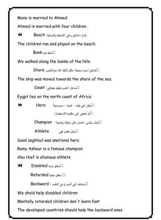 Mona is married to Ahmed 
Ahmed is married with four children . 
7 Beach  
The children ran and played on the beach. 
Bank  
We walked along the banks of the Nile 
Shore  
٥٥ICDLThe ship was moved towards the share of the sea. 
Coast  
Eygpt lies on the north coast of Africa. 
8 Hero –– 
 
Champion  
Athlete  
Saad zaghloul was anational hero 
Ramy Ashour is a famous champion 
Abu Hief is afamous athlete 
9 Disabled  
Retarded  
Backward  
We shold help disabled children 
Mentally retarded children don't learn fast 
The developed countries should help the backward ones 
 