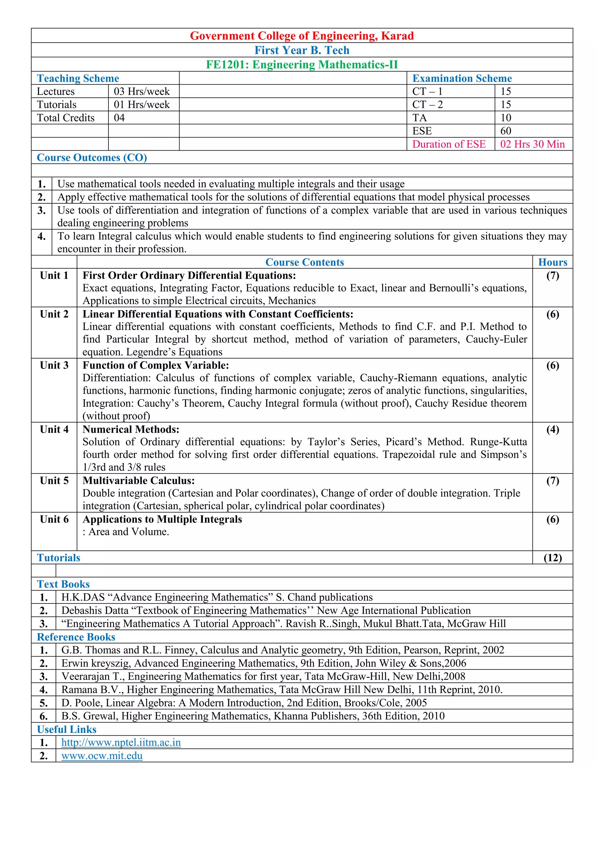 Government College of Engineering, Karad
First Year B. Tech
FE1201: Engineering Mathematics-II
Teaching Scheme Examination Scheme
Lectures 03 Hrs/week CT – 1 15
Tutorials 01 Hrs/week CT – 2 15
Total Credits 04 TA 10
ESE 60
Duration of ESE 02 Hrs 30 Min
Course Outcomes (CO)
1. Use mathematical tools needed in evaluating multiple integrals and their usage
2. Apply effective mathematical tools for the solutions of differential equations that model physical processes
3. Use tools of differentiation and integration of functions of a complex variable that are used in various techniques
dealing engineering problems
4. To learn Integral calculus which would enable students to find engineering solutions for given situations they may
encounter in their profession.
Course Contents Hours
Unit 1 First Order Ordinary Differential Equations:
Exact equations, Integrating Factor, Equations reducible to Exact, linear and Bernoulli’s equations,
Applications to simple Electrical circuits, Mechanics
(7)
Unit 2 Linear Differential Equations with Constant Coefficients:
Linear differential equations with constant coefficients, Methods to find C.F. and P.I. Method to
find Particular Integral by shortcut method, method of variation of parameters, Cauchy-Euler
equation. Legendre’s Equations
(6)
Unit 3 Function of Complex Variable:
Differentiation: Calculus of functions of complex variable, Cauchy-Riemann equations, analytic
functions, harmonic functions, finding harmonic conjugate; zeros of analytic functions, singularities,
Integration: Cauchy’s Theorem, Cauchy Integral formula (without proof), Cauchy Residue theorem
(without proof)
(6)
Unit 4 Numerical Methods:
Solution of Ordinary differential equations: by Taylor’s Series, Picard’s Method. Runge-Kutta
fourth order method for solving first order differential equations. Trapezoidal rule and Simpson’s
1/3rd and 3/8 rules
(4)
Unit 5 Multivariable Calculus:
Double integration (Cartesian and Polar coordinates), Change of order of double integration. Triple
integration (Cartesian, spherical polar, cylindrical polar coordinates)
(7)
Unit 6 Applications to Multiple Integrals
: Area and Volume.
(6)
Tutorials (12)
Text Books
1. H.K.DAS “Advance Engineering Mathematics” S. Chand publications
2. Debashis Datta “Textbook of Engineering Mathematics’’ New Age International Publication
3. “Engineering Mathematics A Tutorial Approach”. Ravish R..Singh, Mukul Bhatt.Tata, McGraw Hill
Reference Books
1. G.B. Thomas and R.L. Finney, Calculus and Analytic geometry, 9th Edition, Pearson, Reprint, 2002
2. Erwin kreyszig, Advanced Engineering Mathematics, 9th Edition, John Wiley & Sons,2006
3. Veerarajan T., Engineering Mathematics for first year, Tata McGraw-Hill, New Delhi,2008
4. Ramana B.V., Higher Engineering Mathematics, Tata McGraw Hill New Delhi, 11th Reprint, 2010.
5. D. Poole, Linear Algebra: A Modern Introduction, 2nd Edition, Brooks/Cole, 2005
6. B.S. Grewal, Higher Engineering Mathematics, Khanna Publishers, 36th Edition, 2010
Useful Links
1. http://www.nptel.iitm.ac.in
2. www.ocw.mit.edu
 